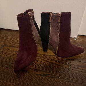 NWOT! Shoe Dazzle Diane Burgundy & Black Pointed Toe Ankle Booties, Size 8.5